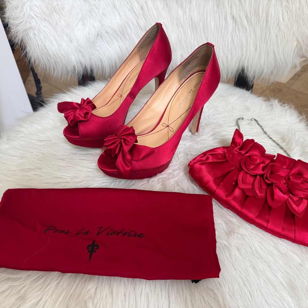 Pour La Victoire Crimson Satin Heels with Bow Accent